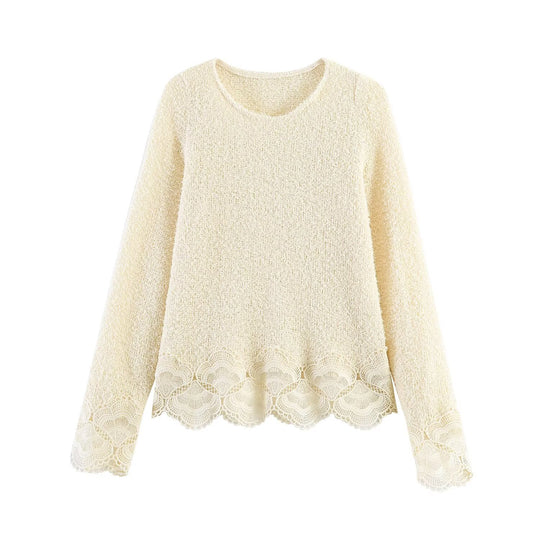 Damen Bouclé-Strickpullover mit Spitzenbesatz und gewelltem Saum Shop Nory