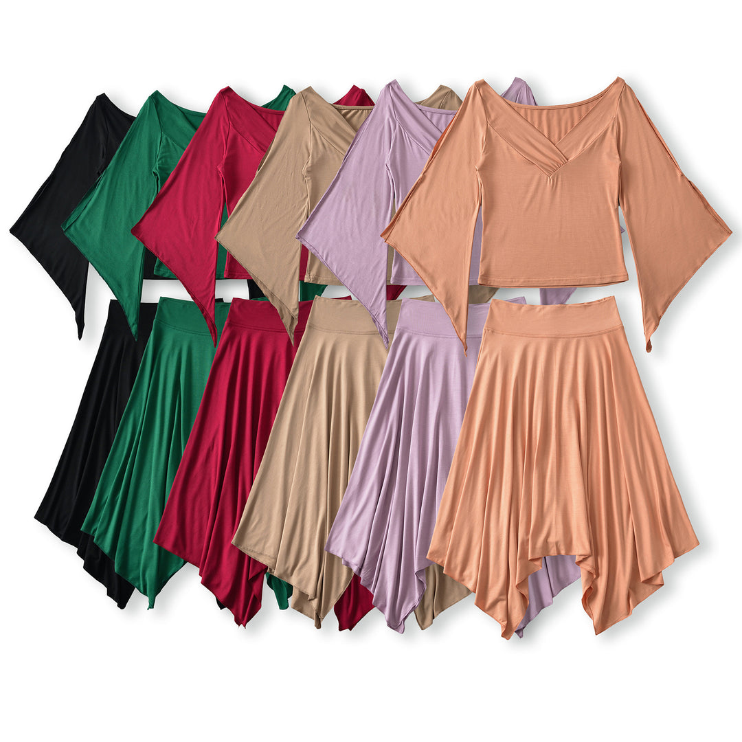 Damen Zweiteiliges Set aus drapiertem Top mit Fledermausärmeln und asymmetrischem Tellerrock Shop Nory