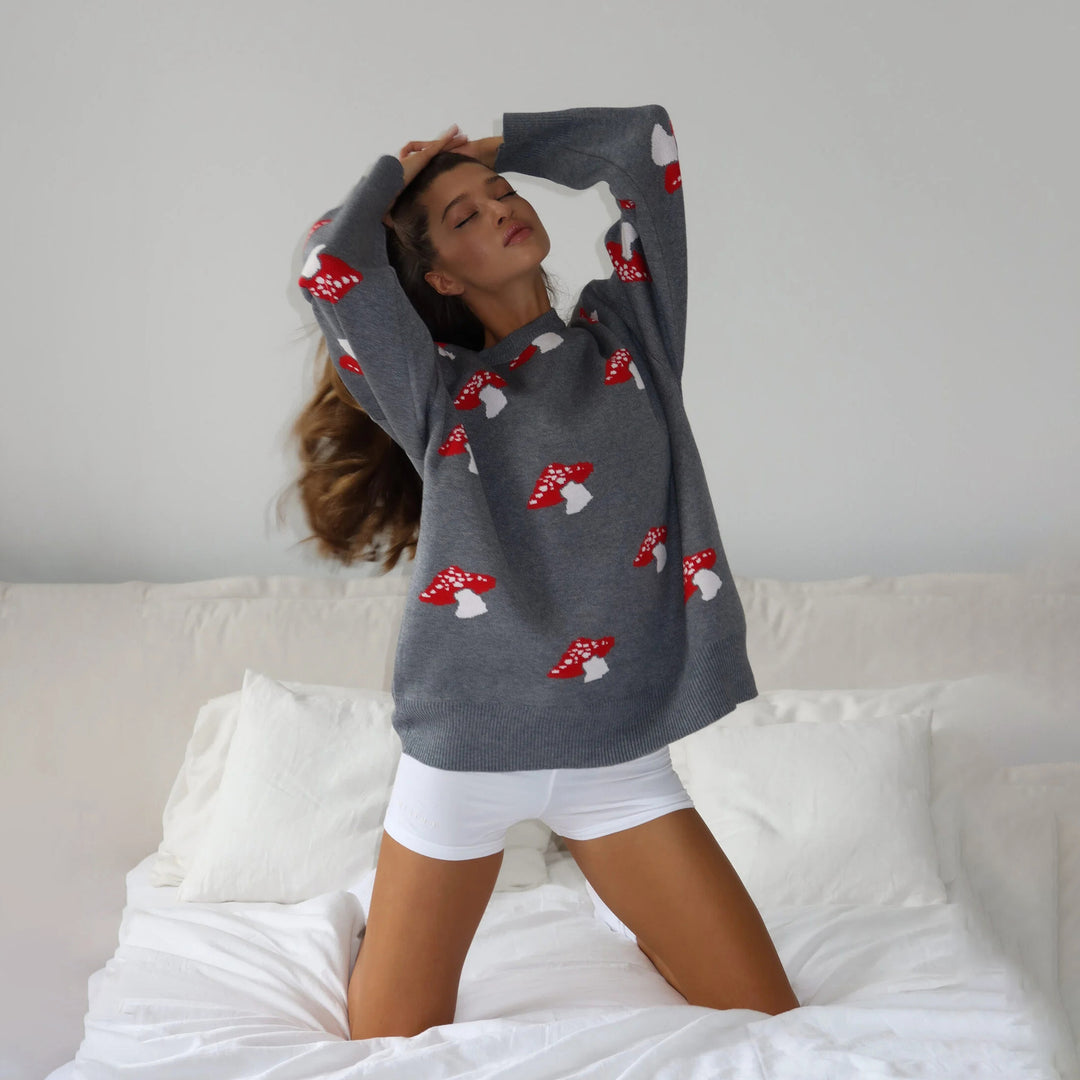 Damen weiter Strickpullover mit Pilzmotiv Rundhals Rippbündchen Shop Nory