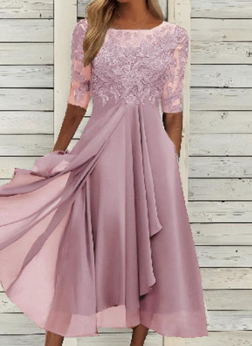 Damen nan V-Ausschnitt Chiffon-Midikleid mit besticktem Bustier, transparenten dreiviertel-Ärmeln und asymmetrischem Lagenrock