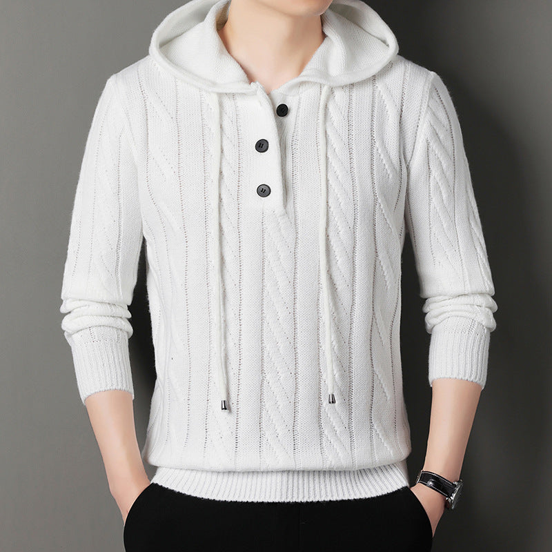 Herren Feinstrick-Kapuzenpullover mit Zopfmuster, Halbknopfblende und Kordelzug Shop Nory