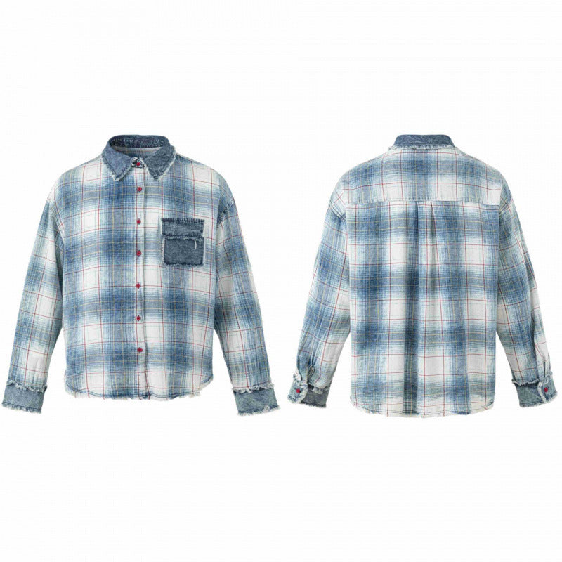 Unisex Kariertes Overshirt im Used-Look mit Fransen, Jeanskragen und aufgesetzter Brusttasche Shop Nory