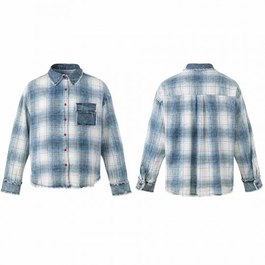 Unisex Kariertes Overshirt im Used-Look mit Fransen, Jeanskragen und aufgesetzter Brusttasche Shop Nory