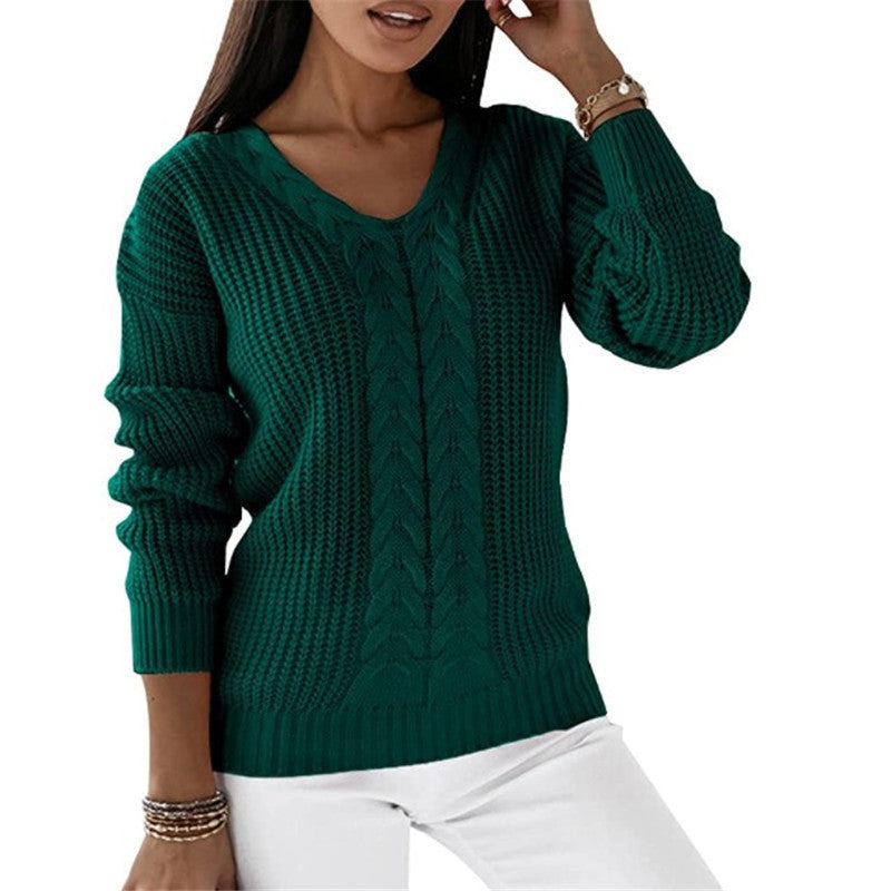 Damen nan grob gestrickter V-Ausschnitt Pullover mit Zopfmuster und lockerer Silhouette Shop Nory