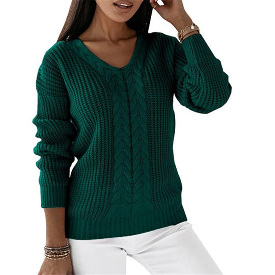 Damen nan grob gestrickter V-Ausschnitt Pullover mit Zopfmuster und lockerer Silhouette Shop Nory