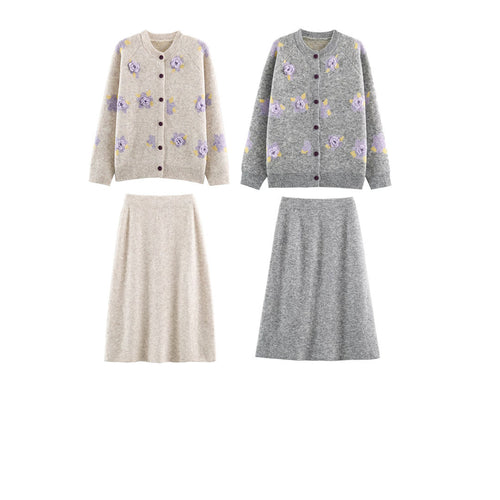 Damen Feinstrick-Zweiteiler Cardigan mit Blumen-Jacquard und tailliertem A-Linien Strickrock Shop Nory