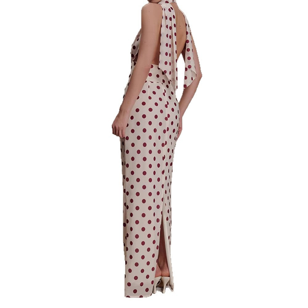 Damen Halter-Maxi-Kleid mit klassischen Punkten Shopnory