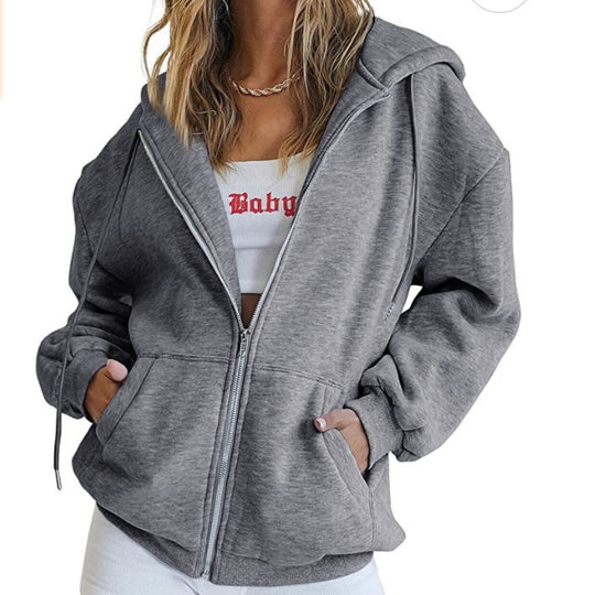 Damen nan Oversize-Kapuzenjacke mit durchgehendem Reißverschluss French-Terry, Kängurutaschen und elastischen Bündchen Shop Nory