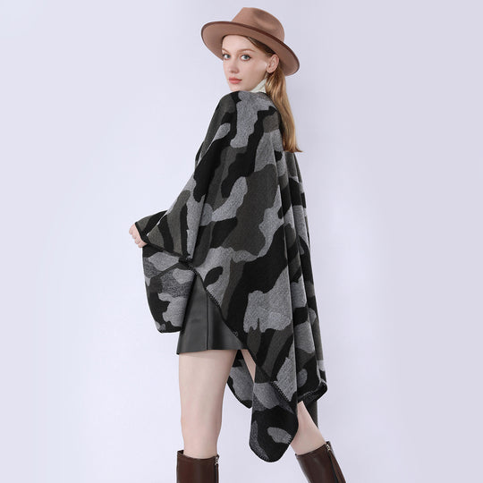Damen Oversize-Cape mit Camouflage-Jacquard, offener Kimono-Fall und Ziernaht Shop Nory