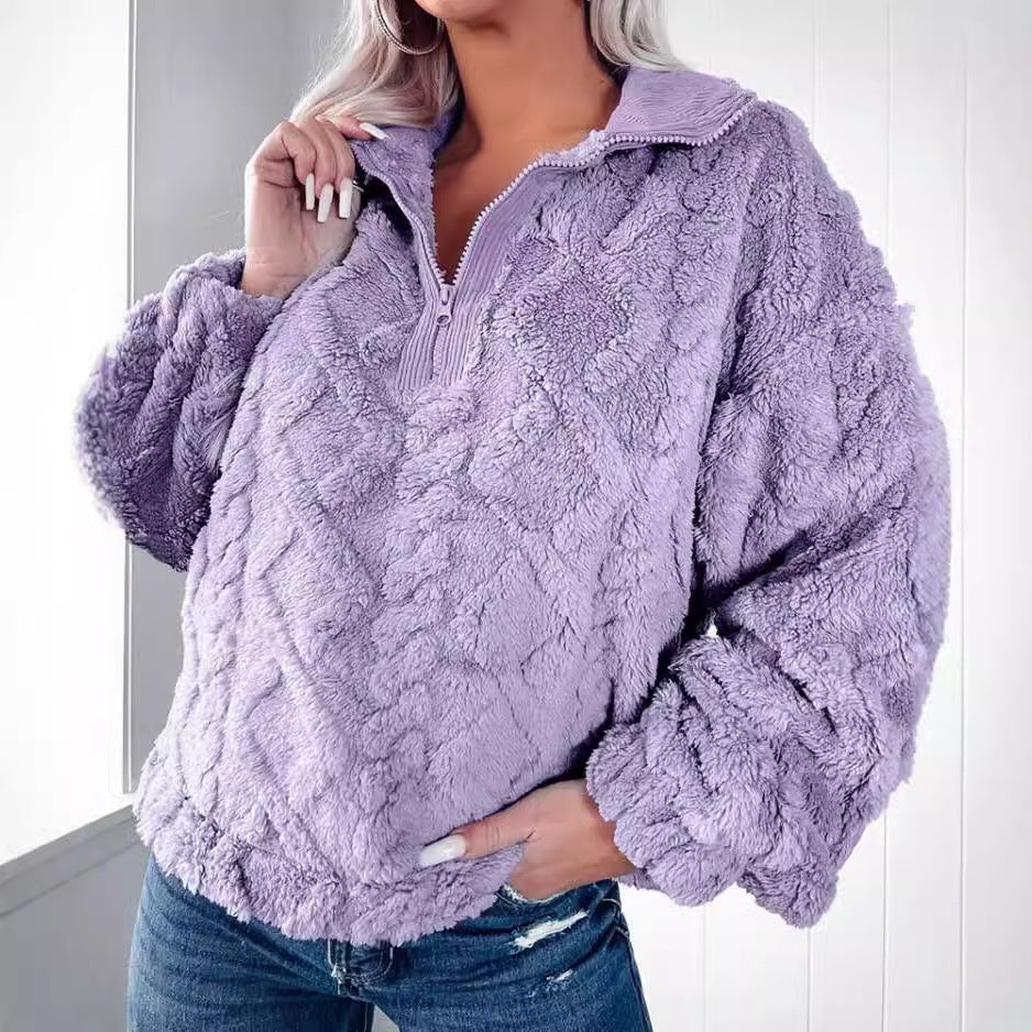 Damen nan Plüsch-Sherpa-Pullover mit halbem Reißverschluss, Stehkragen und oversized Silhouette Shop Nory