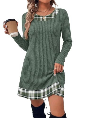 Damen Gerippte Longshirt‑Kleid mit Karierter Saum‑ und Ausschnittblende Shop Nory