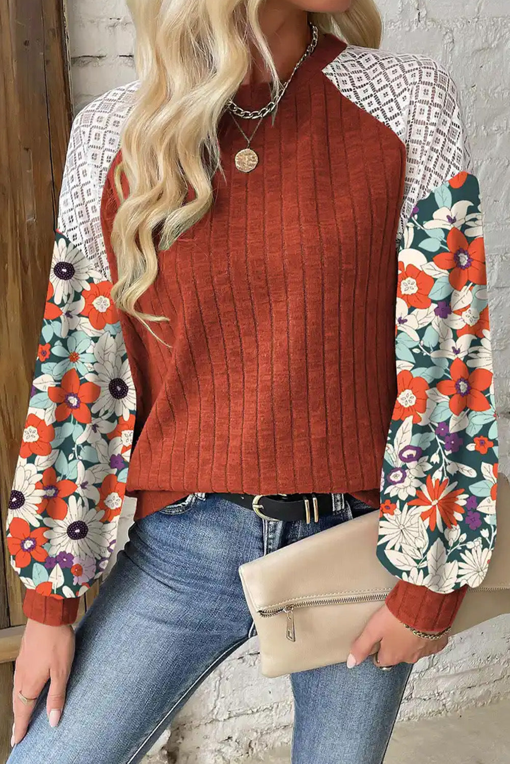 Damen Pullover mit Rippenstruktur, Häkel-Raglan und geblümten Ballonärmeln Shop Nory