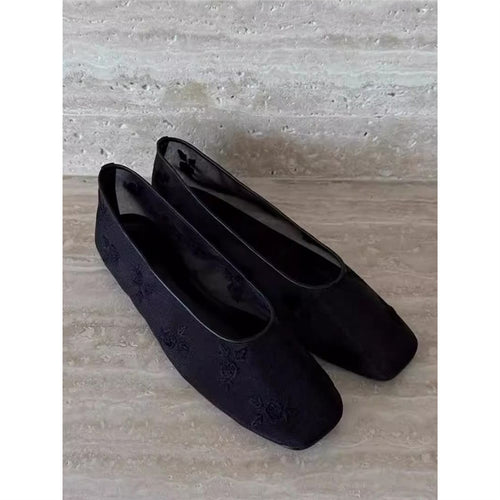 Damen Bestickte Mesh-Ballerinas mit quadratischer Zehenpartie und Rosenstickerei Shop Nory
