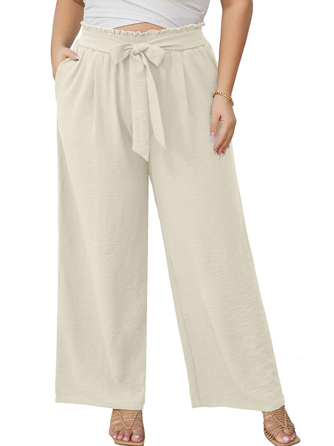 Damen Paperbag-Hose mit weitem Bein, Gummizug, Bindegürtel und Eingrifftaschen Shop Nory