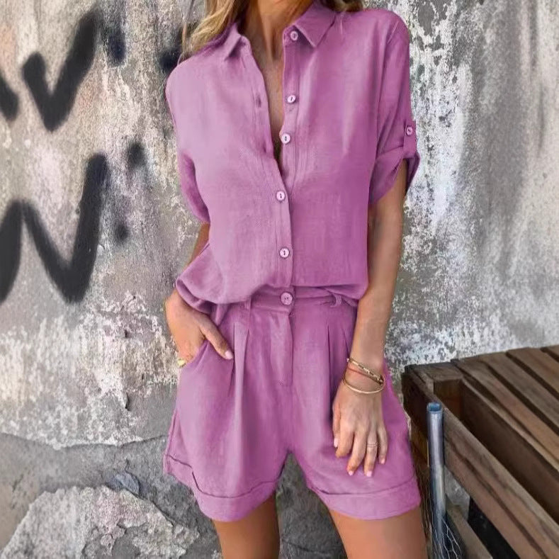 Damen Elegantes Kurzarm-Jumpsuit aus atmungsaktivem Stoff mit praktischen Taschen Shopnory