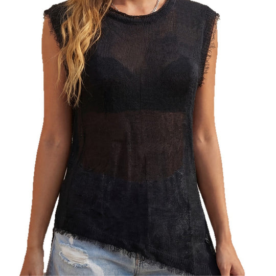 Damen lässiges Leinen-Top mit fransigen Details