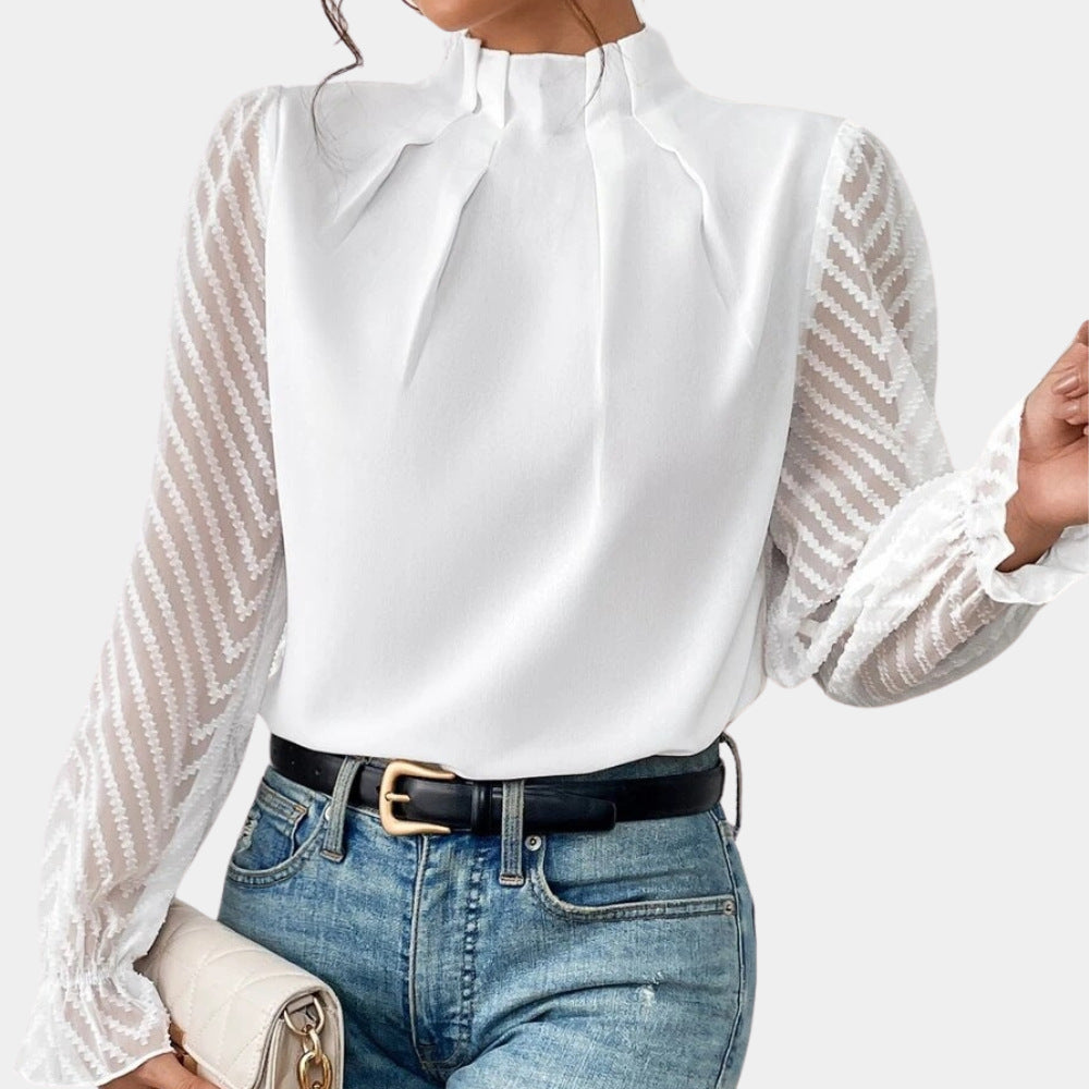 Damen Elegante Chiffonbluse mit Stehkragen, Faltenkante und transparenten Jacquard-Ärmeln Shop Nory