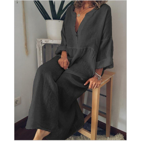 Damen Langes Leinen-Maxikleid mit V-Ausschnitt, geraffter Taille und 3/4-Ärmeln Shop Nory
