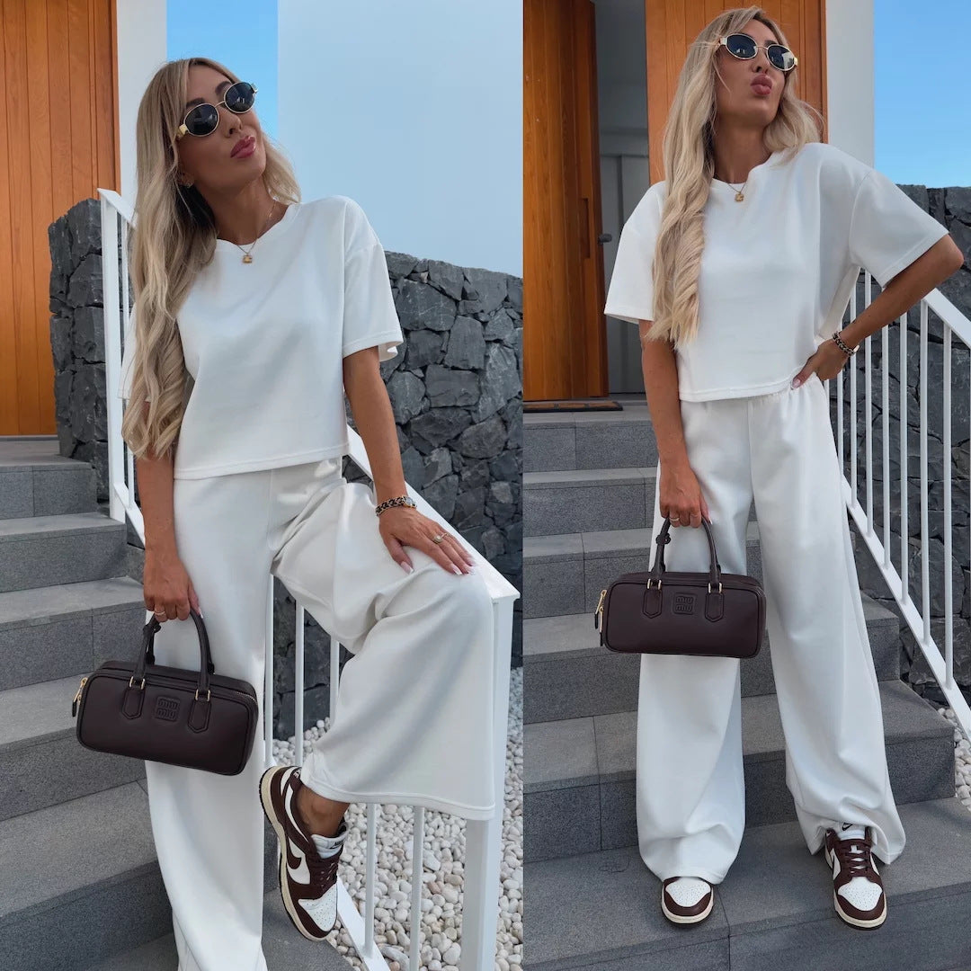 Damen Loungewear-Zweiteiler mit Cropped-Boxy-Shirt und fließender High-Waist Palazzo-Hose Shop Nory