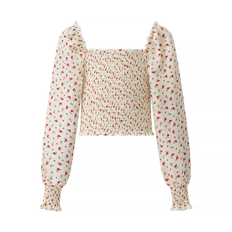 Damen Gesmoktes Cropped-Top mit Puffärmeln und Blumendessin Shop Nory