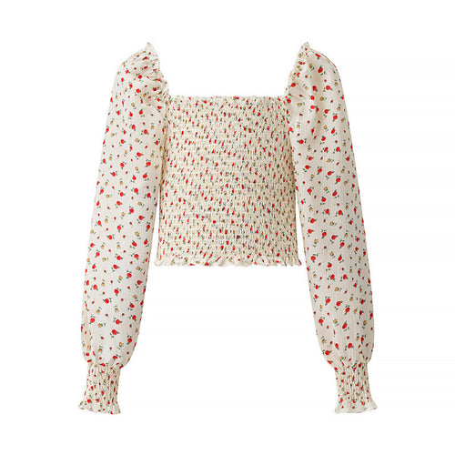 Damen Gesmoktes Cropped-Top mit Puffärmeln und Blumendessin Shop Nory