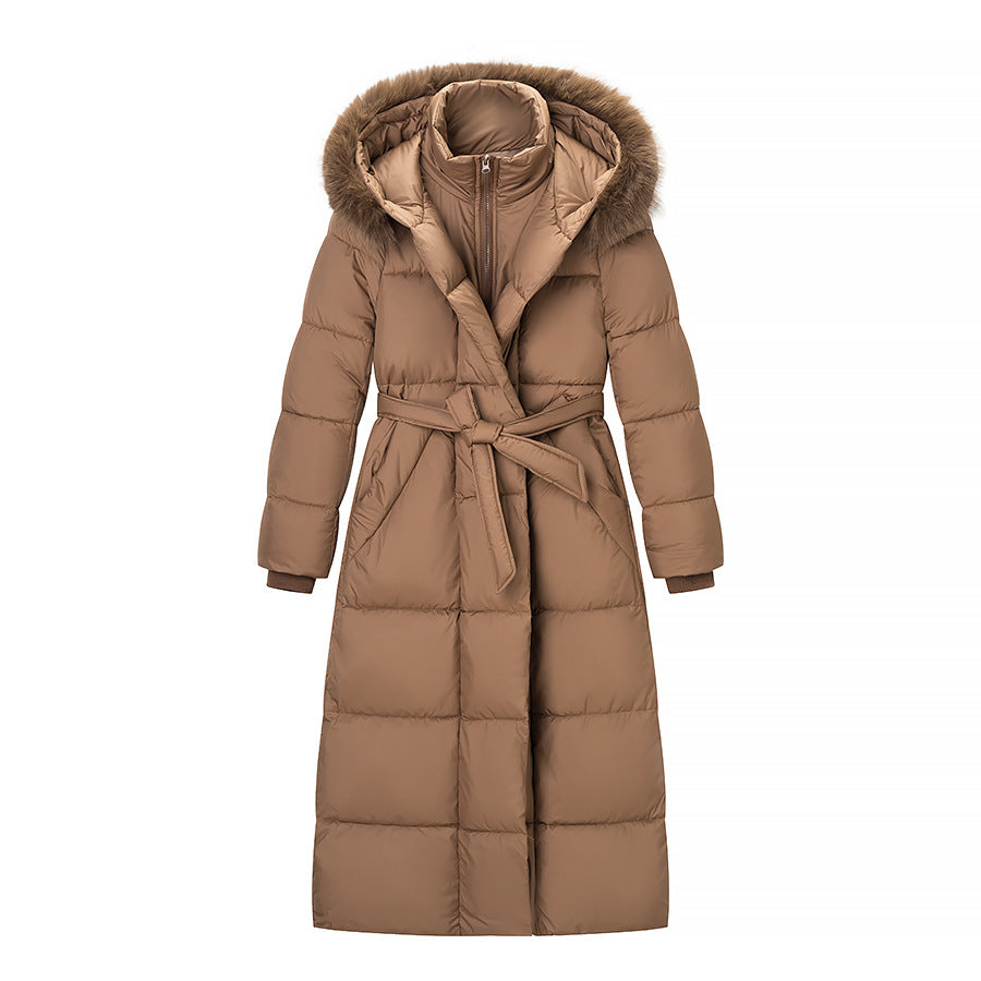 Damen Wattierter Longline-Mantel mit Kapuze und Taillengürtel Shop Nory