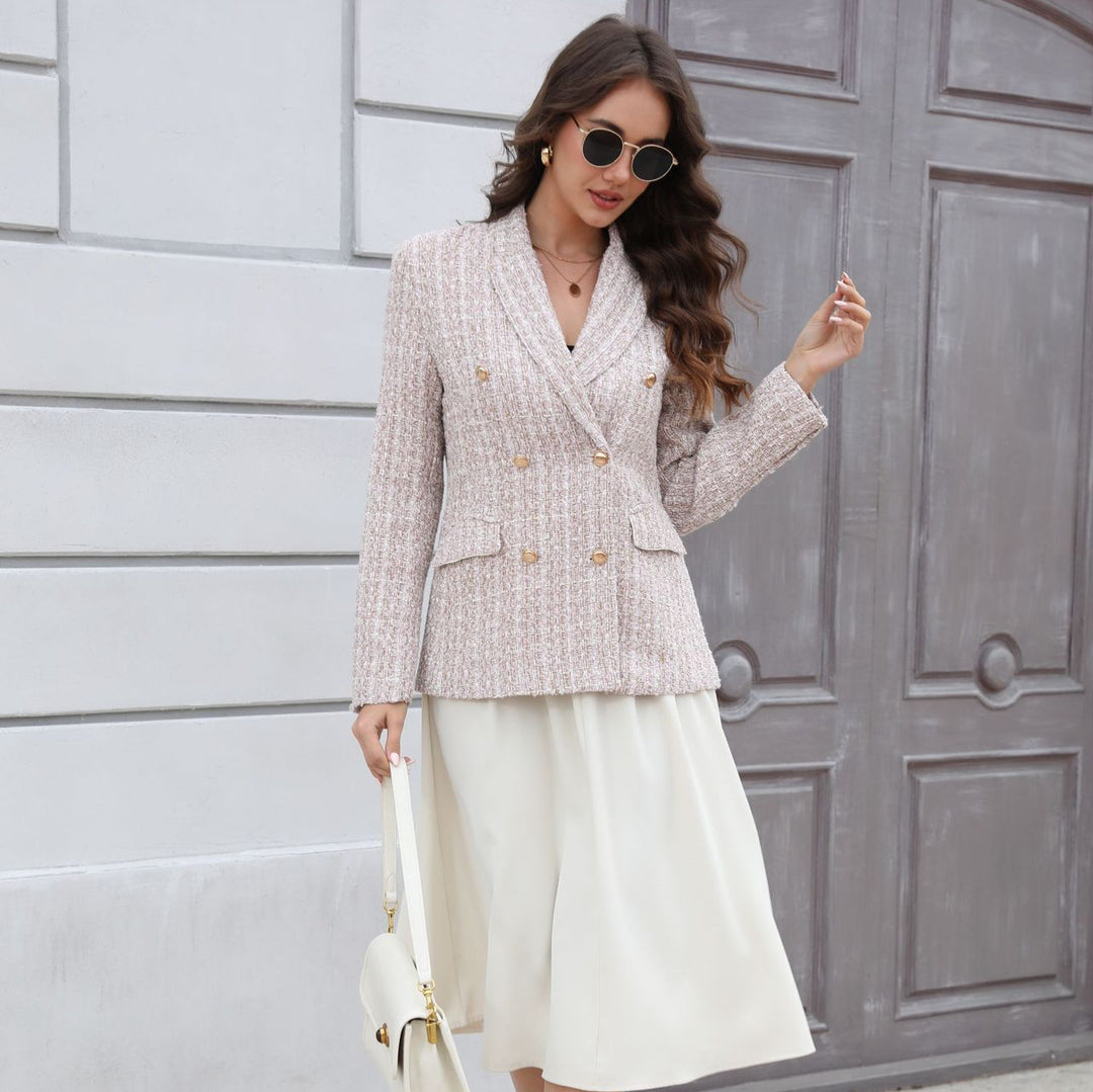 Damen Doppelreihiger Bouclé-Blazer mit Schalkragen, taillierter Silhouette und Zierknöpfen Shop Nory