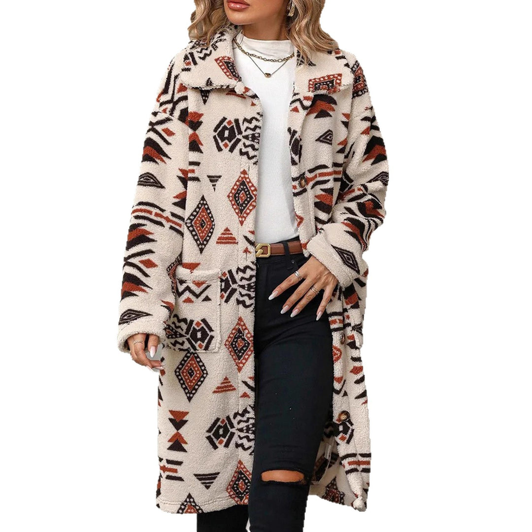 Damen Teddy-Mantel mit Aztekenmuster, Knopfleiste und aufgesetzten Taschen Shop Nory