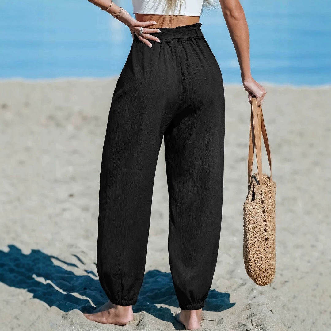 Damen Leichte Paperbag-Hochbund-Hose mit Bindegürtel, Seitentaschen und elastischen Knöchelbündchen Shop Nory