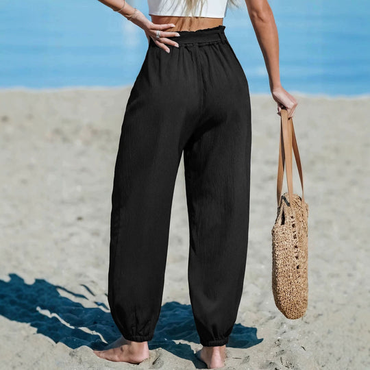 Damen Leichte Paperbag-Hochbund-Hose mit Bindegürtel, Seitentaschen und elastischen Knöchelbündchen Shop Nory