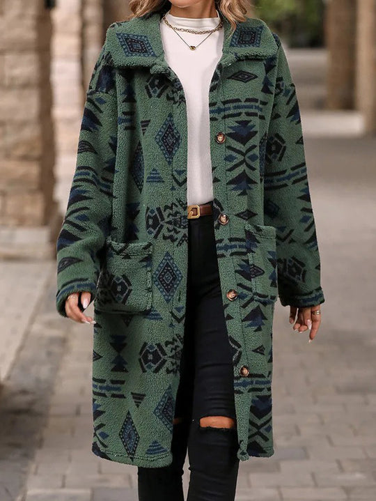 Damen Teddy-Mantel mit Aztekenmuster, Knopfleiste und aufgesetzten Taschen Shop Nory