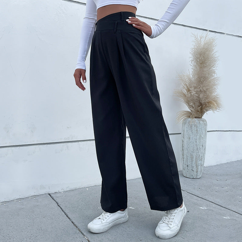 Damen Elegante Stoffhose mit hoher Taille, Bundfalten und weitem Bein Shop Nory