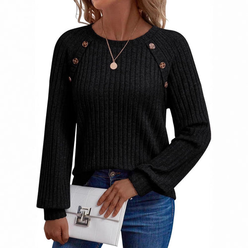 Damen Gerippter Strickpullover mit Zierknopfleiste an Raglanärmeln Shop Nory