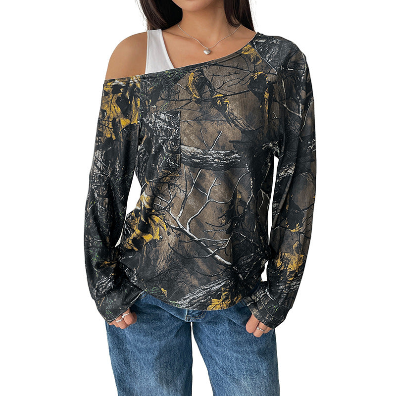 Damen Schulterfreies Langarmshirt mit Camouflage-Waldprint Shop Nory