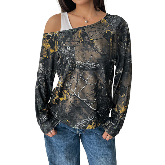 Damen Schulterfreies Langarmshirt mit Camouflage-Waldprint Shop Nory