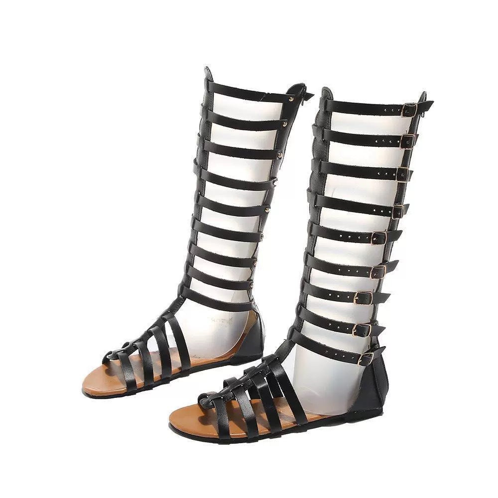 Damen Kniehohe Römersandalen mit mehreren Schnallen und flacher Komfortsohle Shop Nory