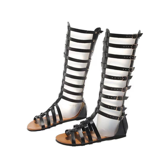 Damen Kniehohe Römersandalen mit mehreren Schnallen und flacher Komfortsohle Shop Nory