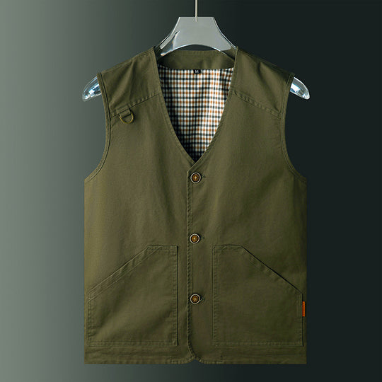 Herren Ärmellose Utility‑Weste mit V‑Ausschnitt, Baumwoll‑Canvas, Knopfleiste und großen Fronttaschen Shop Nory