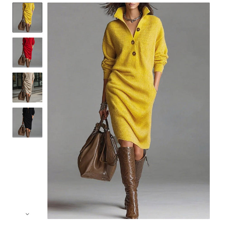Damen nan gestricktes Pulloverkleid mit Polokragen, Eingrifftaschen und lässiger Passform Shop Nory