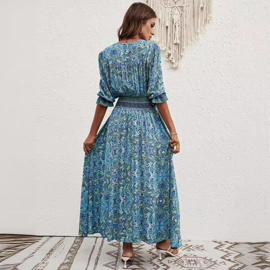 Damen Maxikleid mit abnehmbarem Taillengürtel und kunstvollem Muster