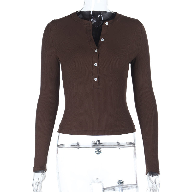 Damen Figurbetontes geripptes Henley-Longsleeve mit Knopfleiste Shop Nory