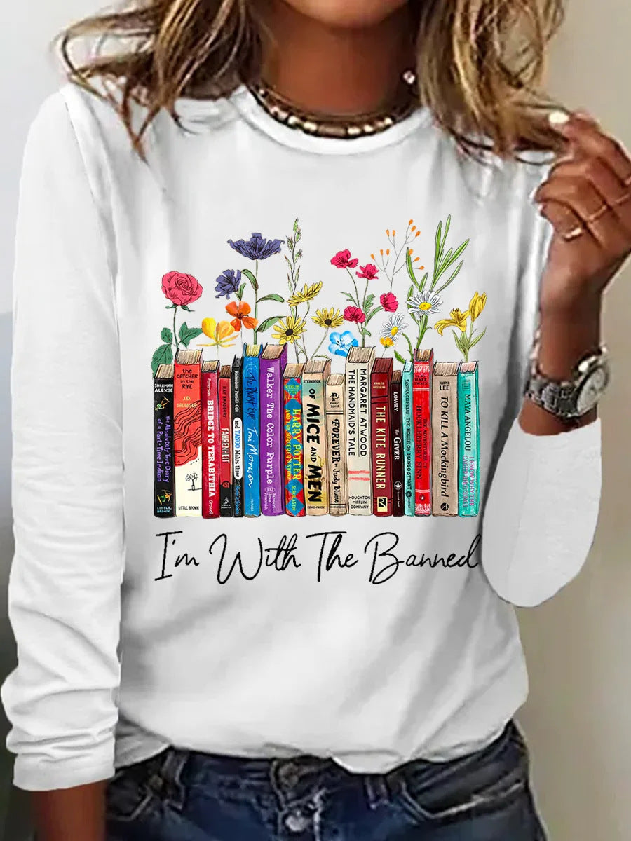Damen Langarmshirt mit Bücher- und Blumenmotiv