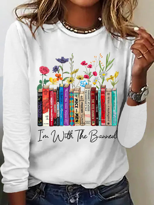 Damen Langarmshirt mit Bücher- und Blumenmotiv