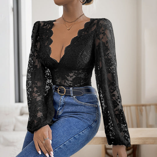 Damen Spitzenbody mit tiefem V‑Ausschnitt, geschwungenem Abschluss und Puffärmeln Shop Nory