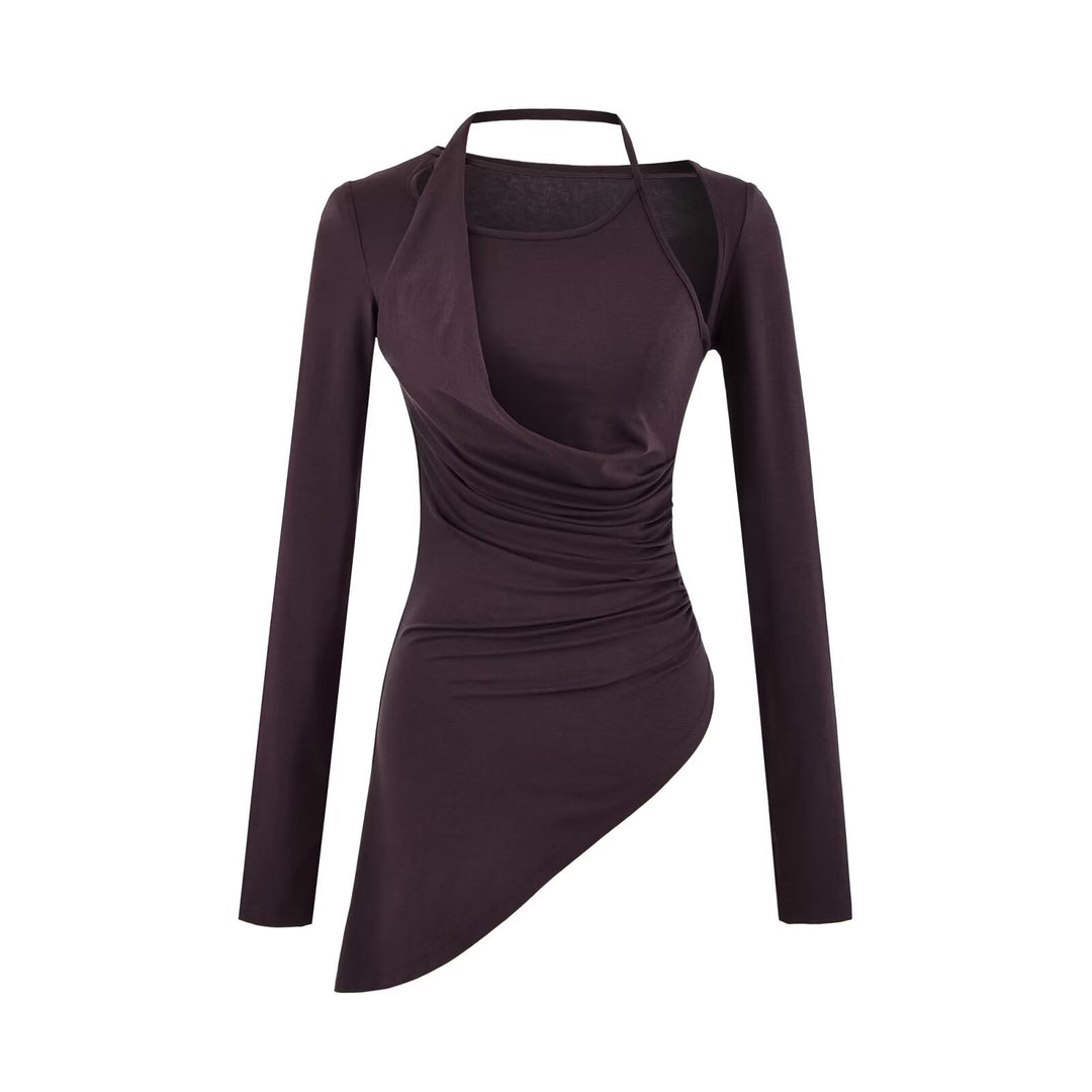 Damen Figurbetontes Langarm-Midikleid mit asymmetrischem Saum, Raffung und Neckholder Shop Nory