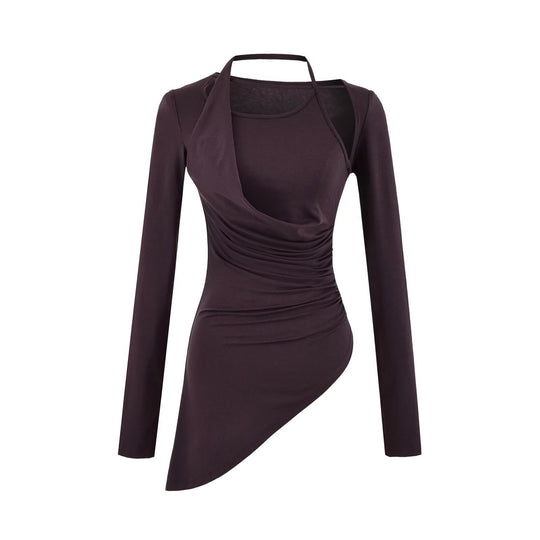 Damen Figurbetontes Langarm-Midikleid mit asymmetrischem Saum, Raffung und Neckholder Shop Nory