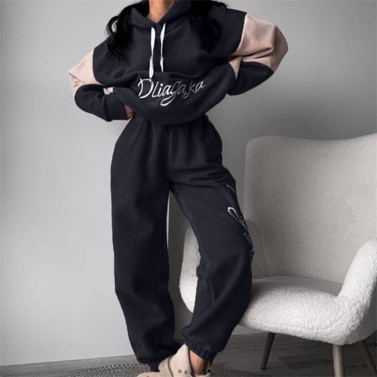 Damen kuscheliges Hoodie-Set mit kontrastärmel, elastischer High-Waist-Jogginghose und überschnittener Kapuze Shop Nory