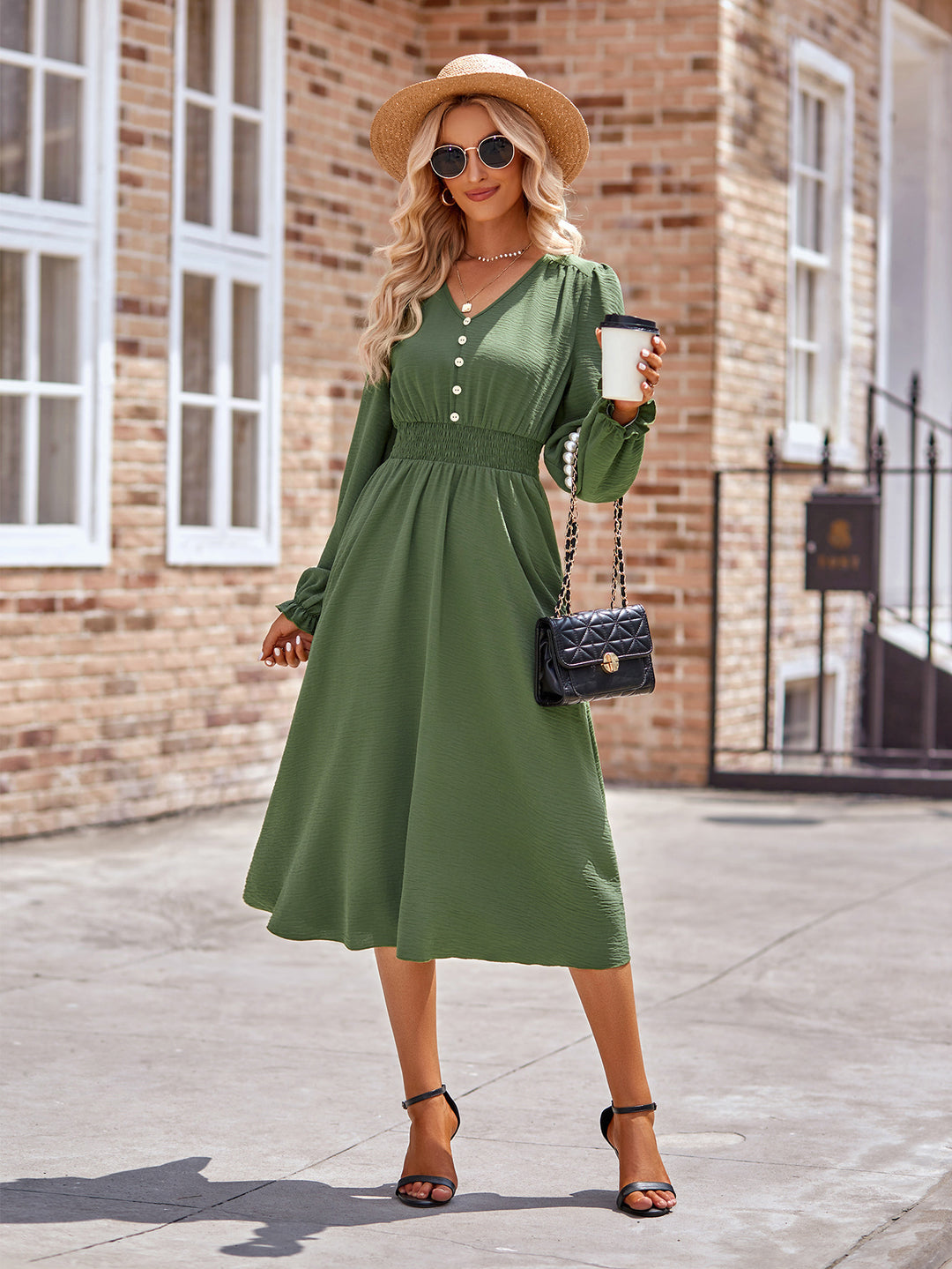 Damen Midikleid mit V-Ausschnitt, geraffter Smock-Taille und Knopfleiste Shop Nory