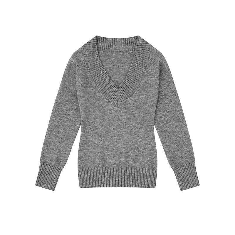 Damen Feinstrickpullover mit tiefem V-Ausschnitt, breitem Ripprand und legerer Passform Shop Nory