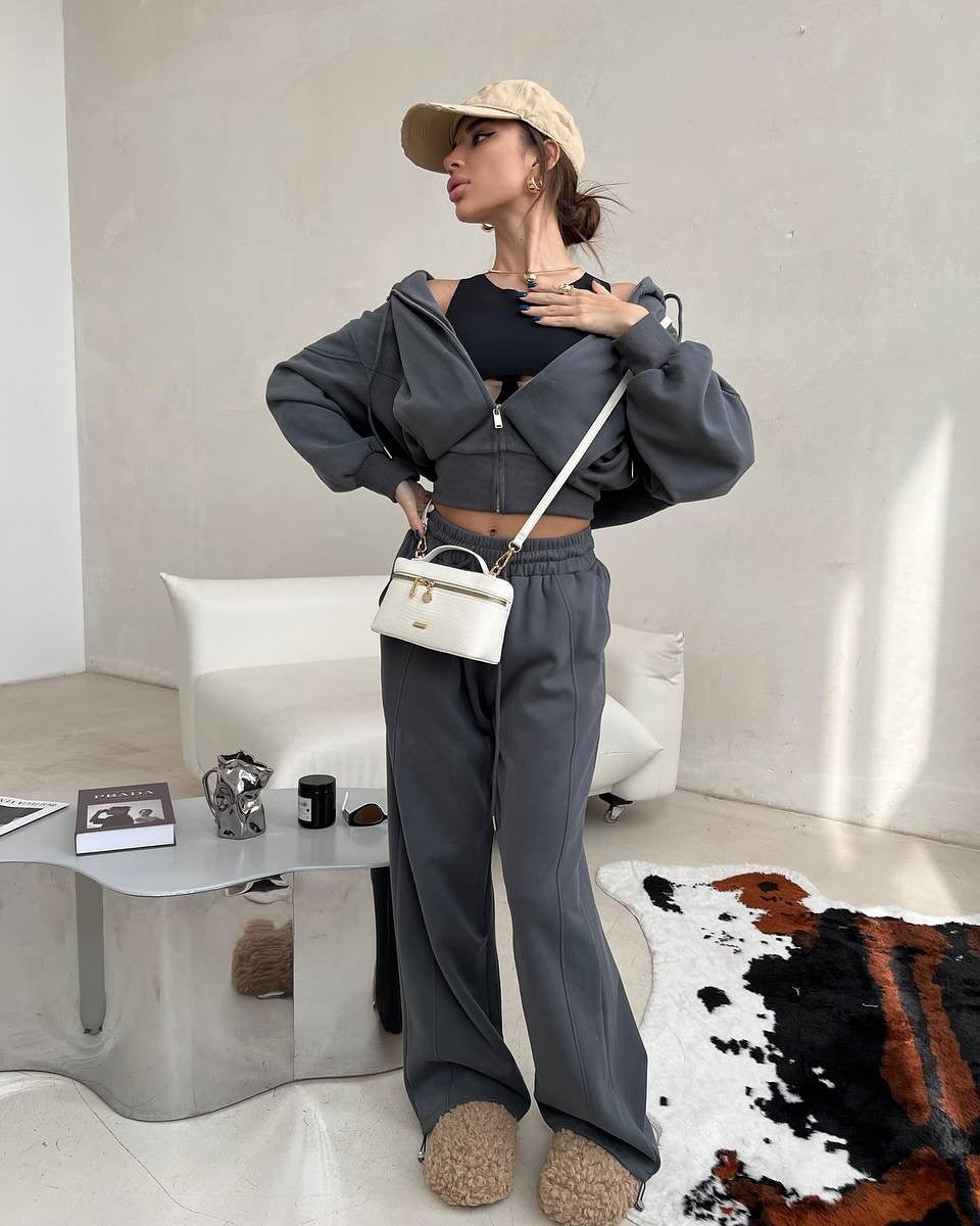 Damen kurzes Kapuzen-Sweatjacke mit Balloonärmeln und elastischer High-Waist Palazzo-Freizeithose Shop Nory